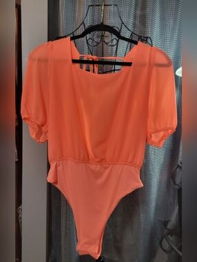 Coral Puff-Sleeve One-Piece Bodysuit with Back Tie